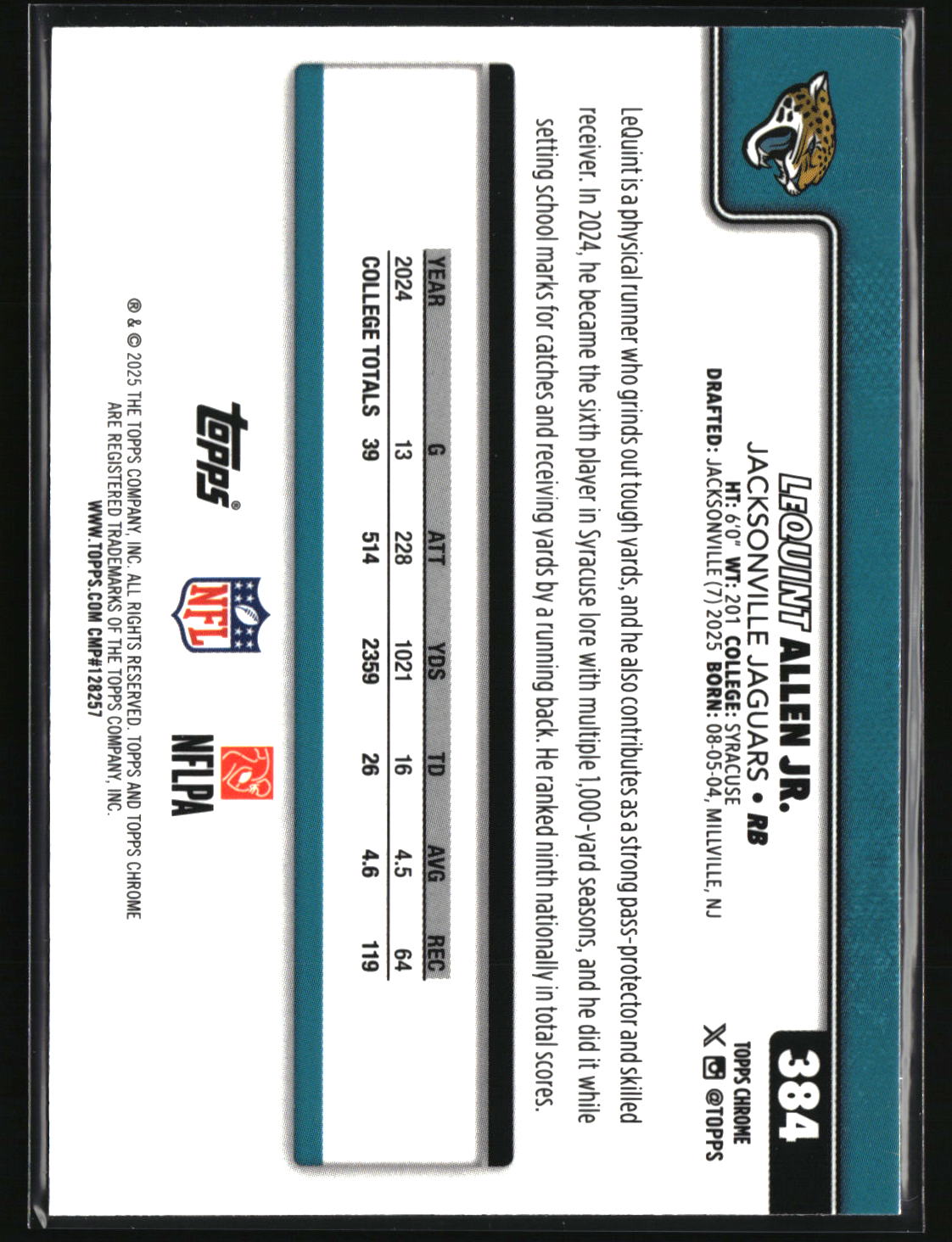 LeQuint Allen Jr. 2025 Topps Chrome Red White and Blue Refractor #384