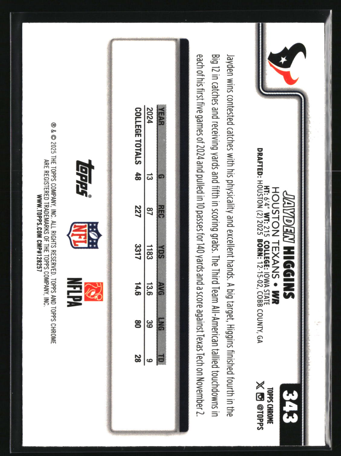 Jayden Higgins 2025 Topps Chrome #343