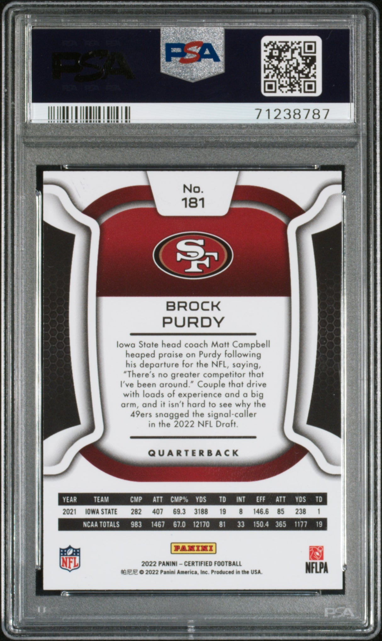 Brock Purdy 2022 Panini Certified Mirror Blue #181 65/75 PSA 9