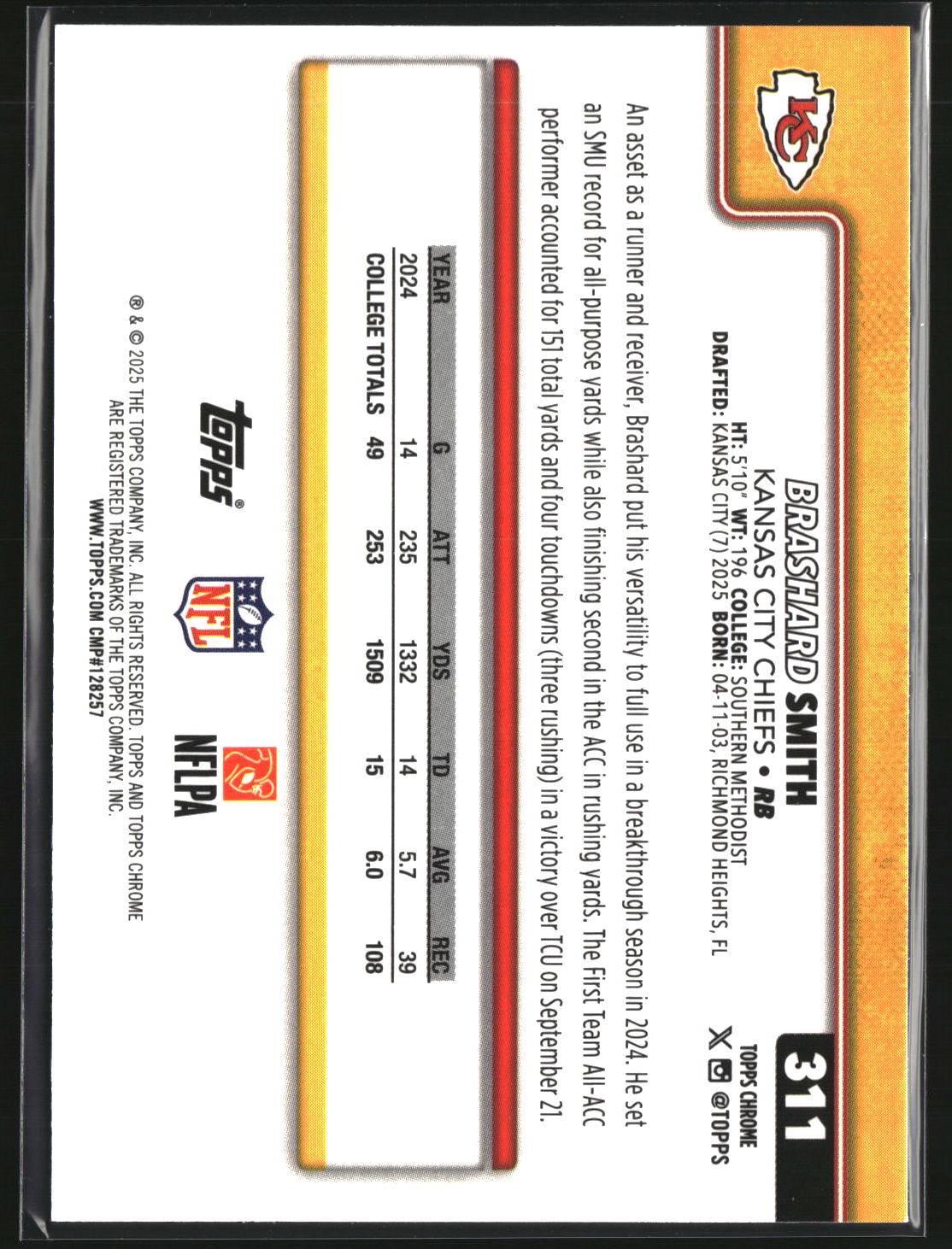Brashard Smith 2025 Topps Chrome Football Football Leather Refractor #311