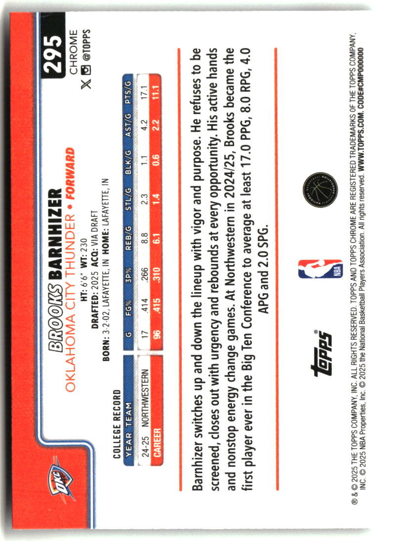 Brooks Barnhizer 2025-26 Topps Chrome #295