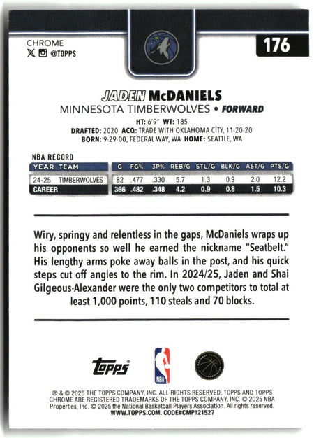 Jaden McDaniels 2025-26 Topps Chrome Prism Refractor #176