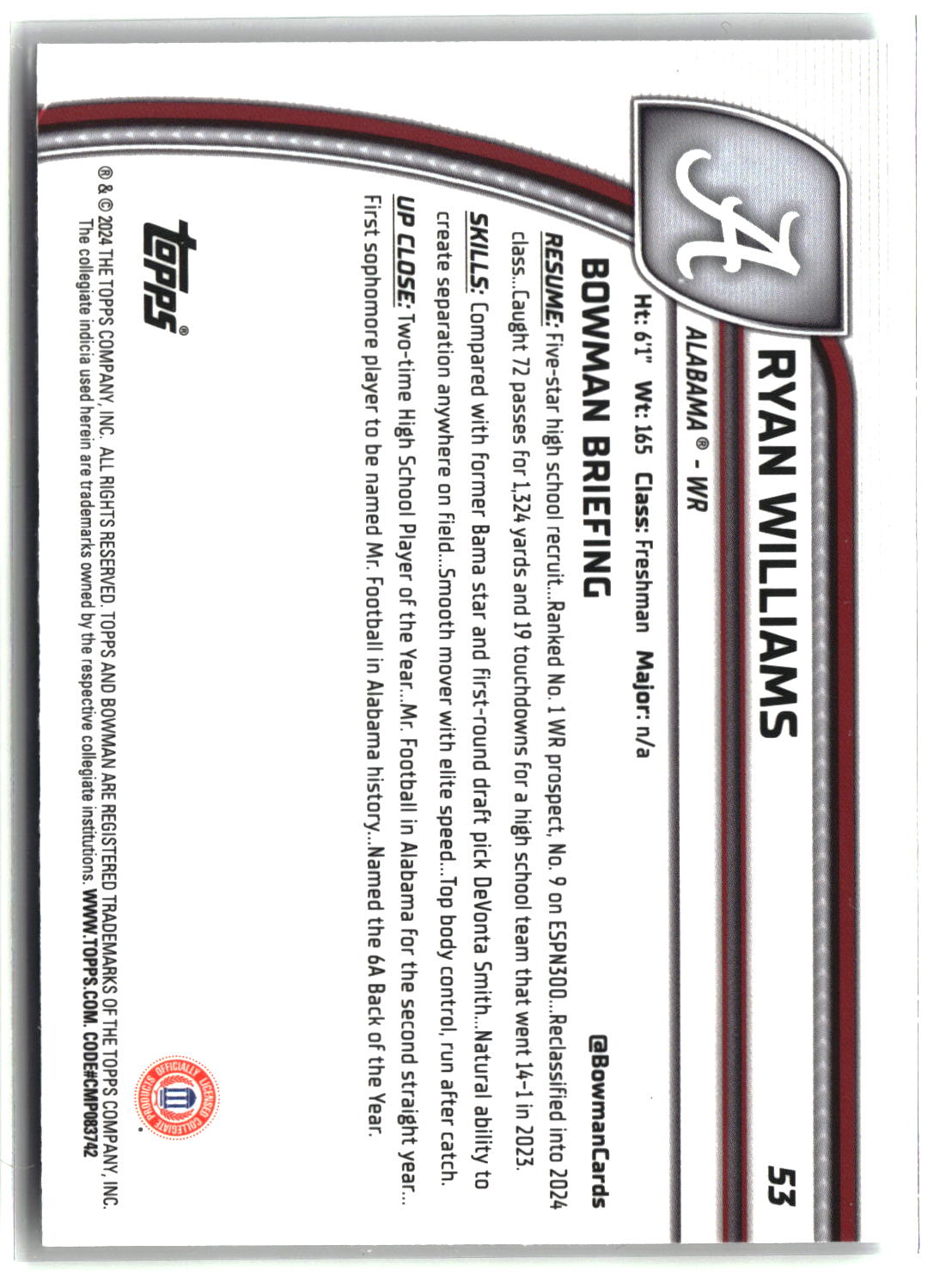Ryan Williams 2024 Bowman University Chrome #53
