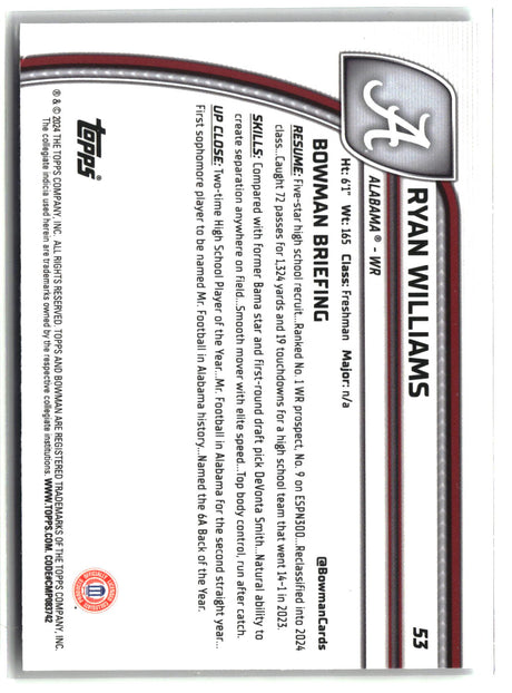 Ryan Williams 2024 Bowman University Chrome #53