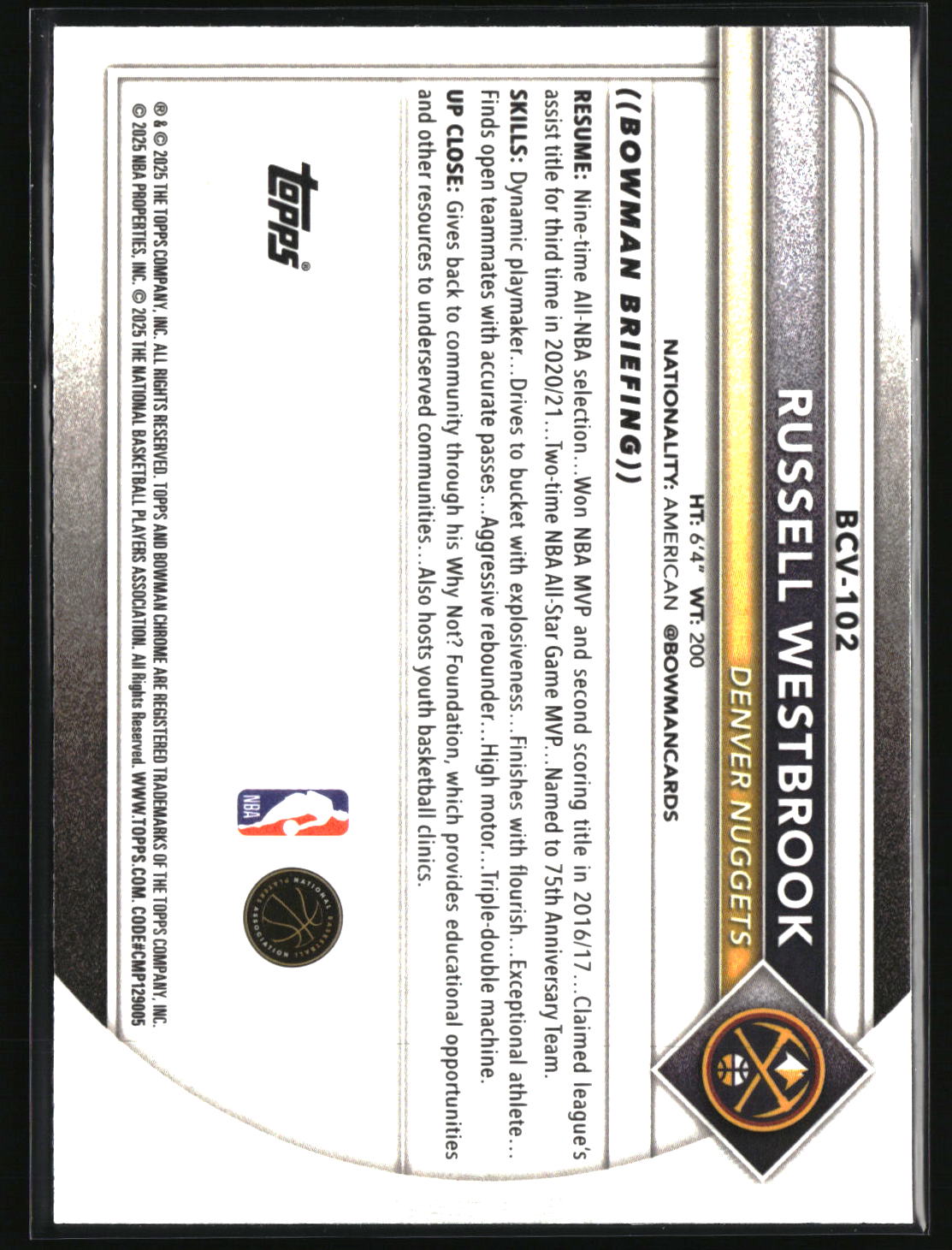 Russell Westbrook 2025-26 Bowman Chrome Reptilian Refractor #BCV-102