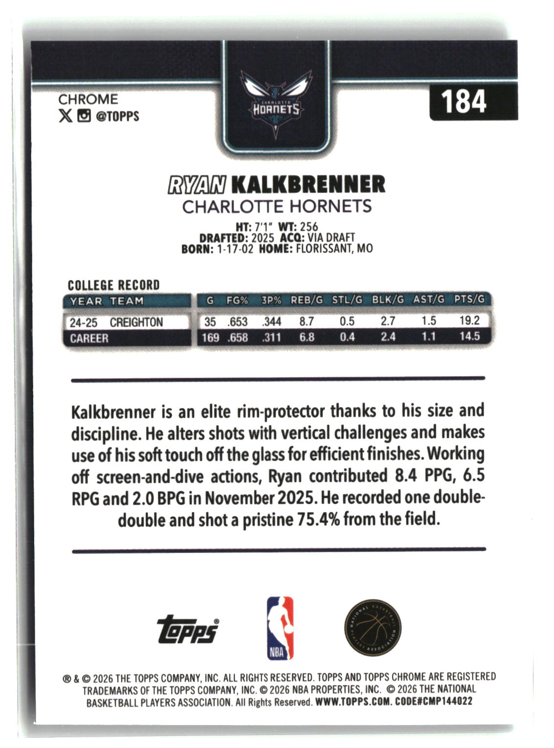 Ryan Kalkbrenner 2025-26 Topps Chrome Update Prism Refractor #184