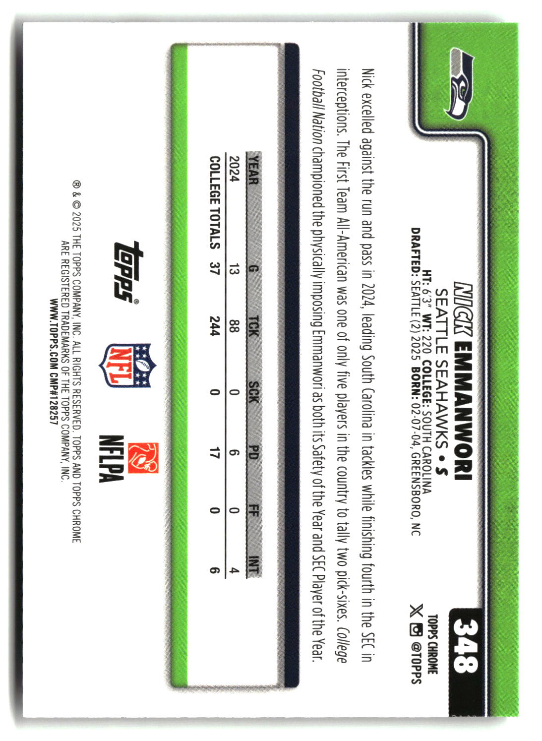 Nick Emmanwori 2025 Topps Chrome #348