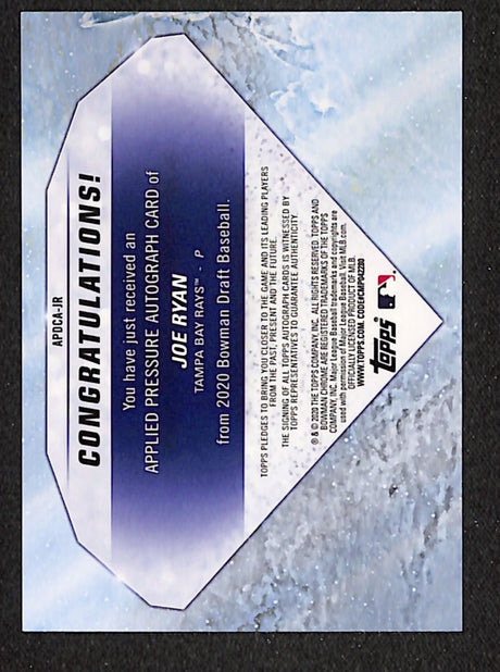 Joe Ryan 2020 Bowman Draft Applied Pressure Autographs Orange #APDCA-JR #/25