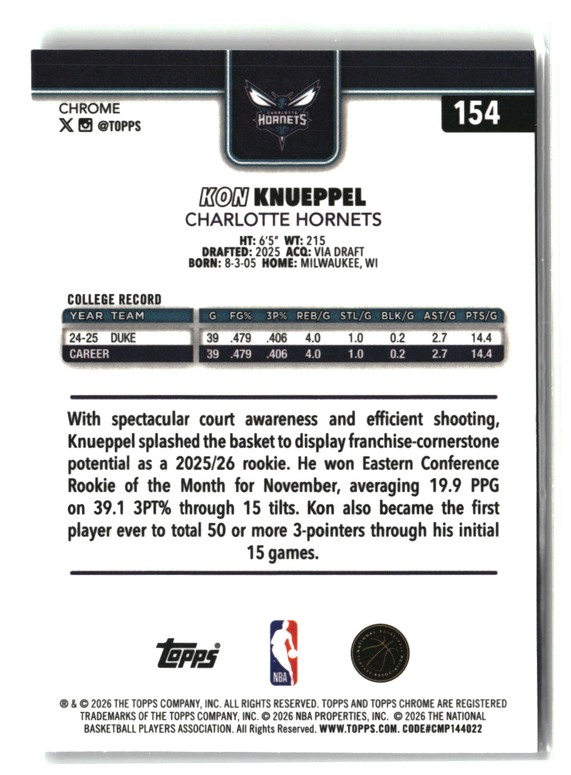 Kon Knueppel 2025-26 Topps Chrome Update #154