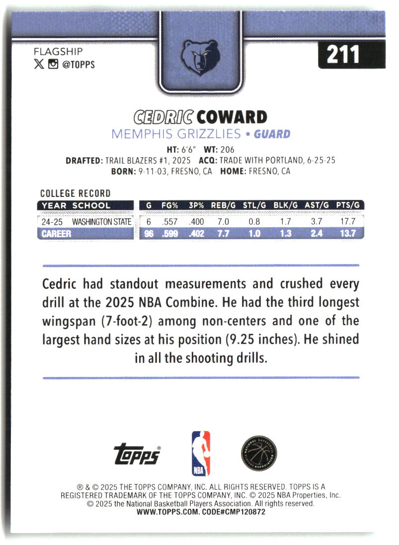 Cedric Coward 2025-26 Topps #211