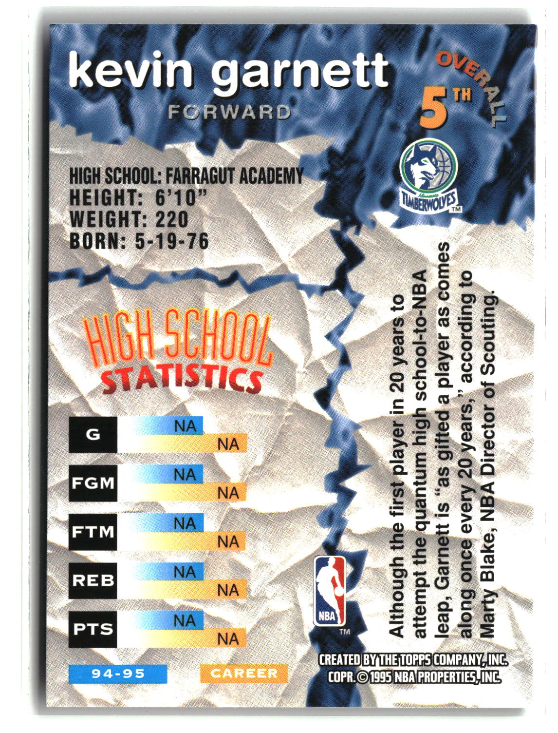 Kevin Garnett 1995-96 Stadium Club Draft Picks #5