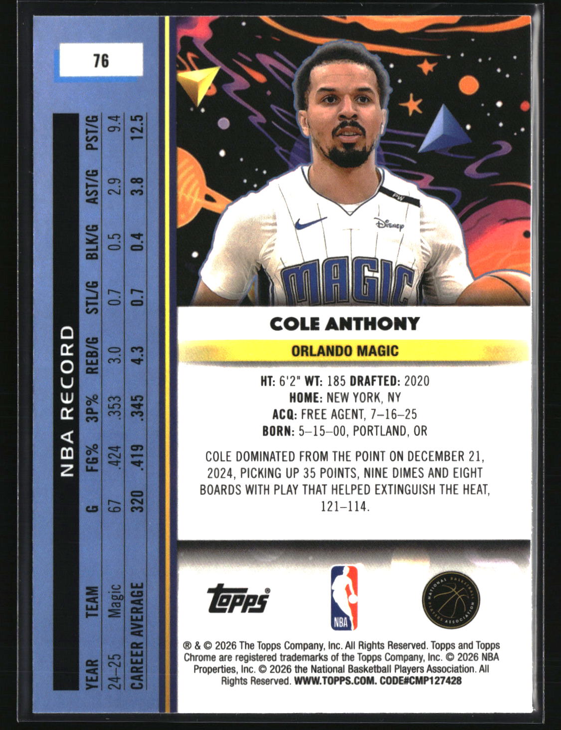 Cole Anthony 2025-26 Topps Chrome Cosmic #76