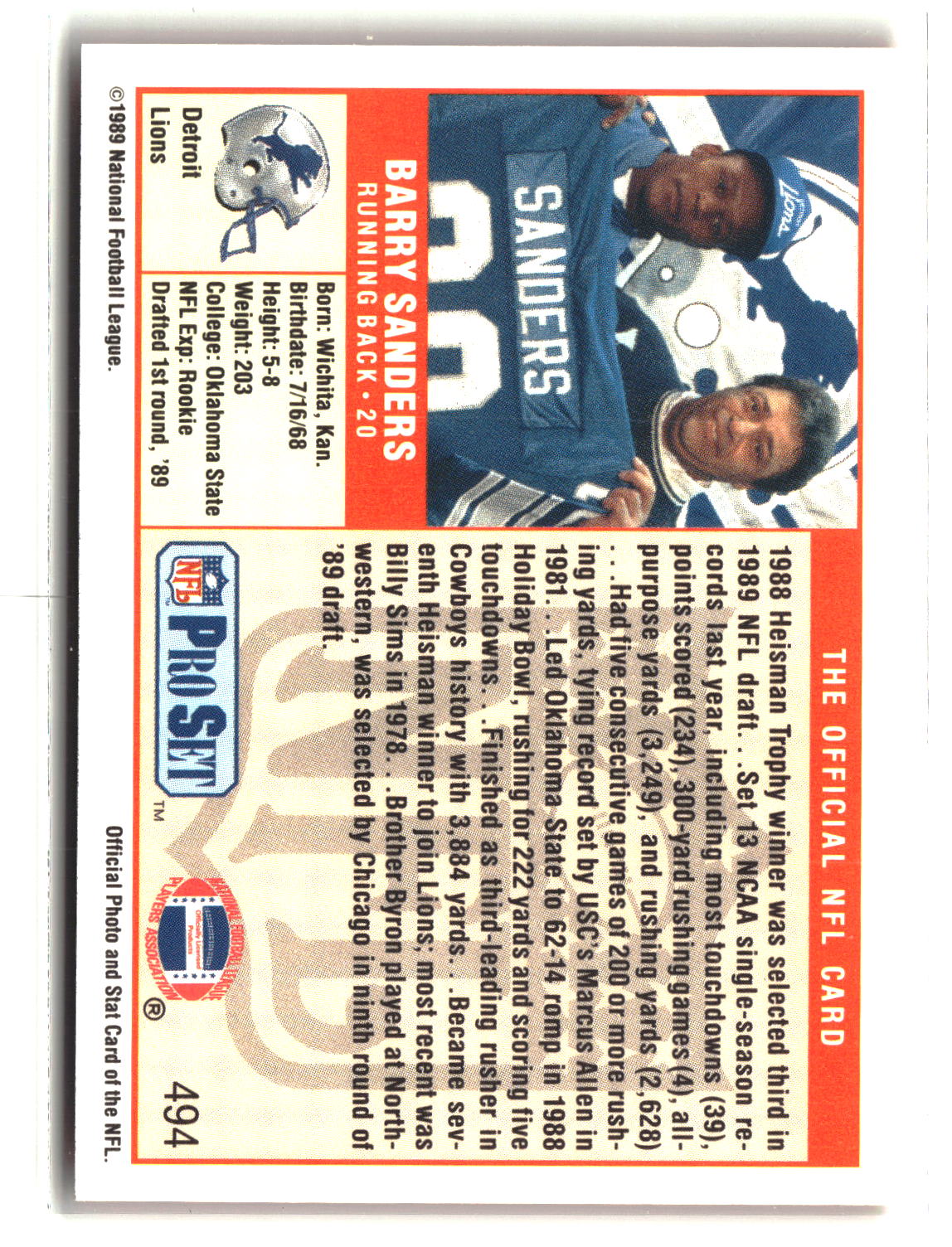 Barry Sanders 1989 Pro Set #494