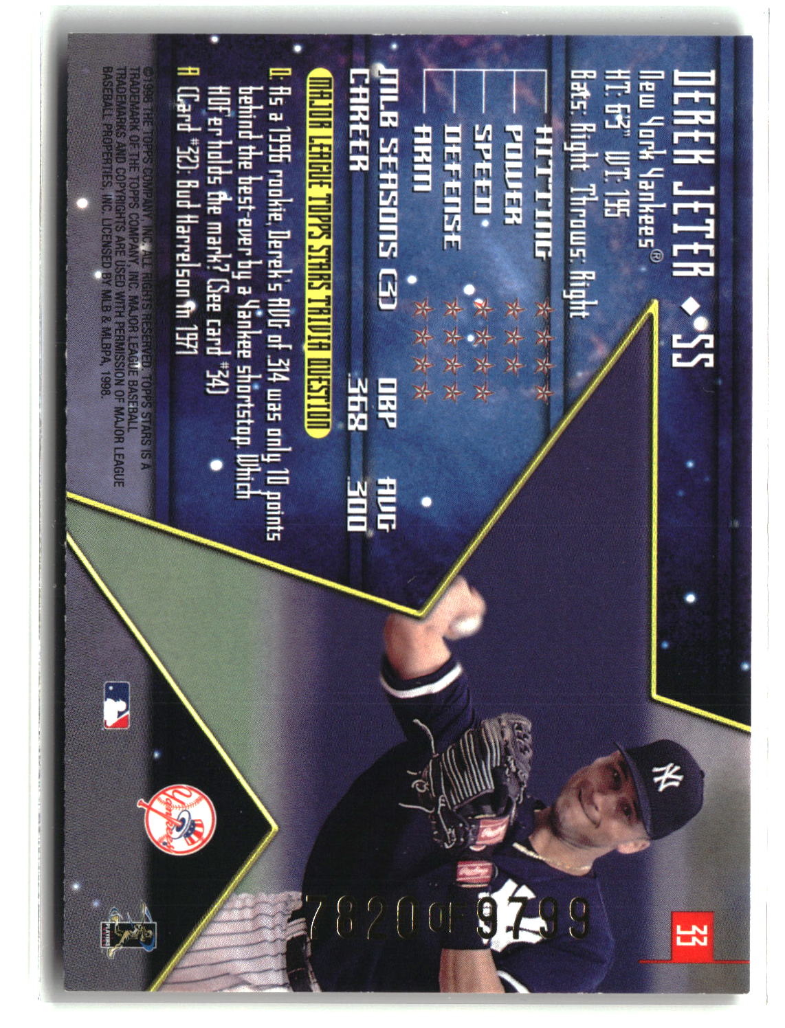 Derek Jeter 1998 Topps Stars Bronze #33 #/9799