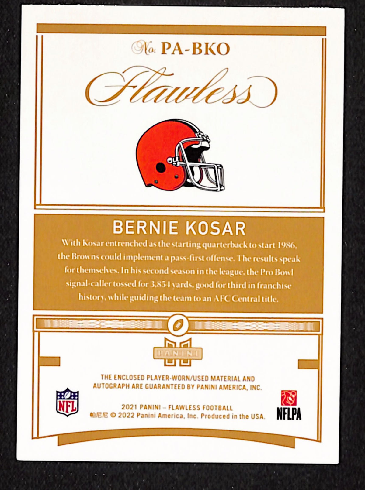 Bernie Kosar 2021 Panini Flawless Patch Autographs Sapphire #PA-BKO #/10