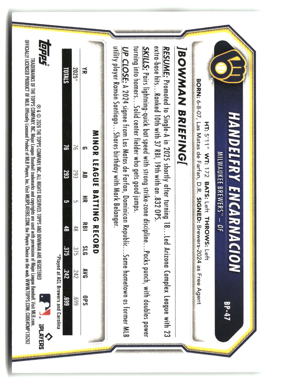 Handelfry Encarnacion 2026 Bowman Prospects #BP-47