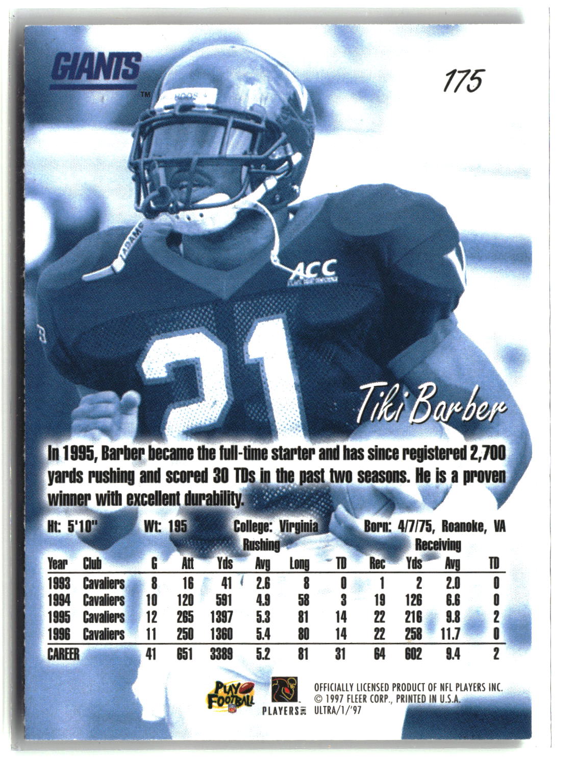 Tiki Barber 1997 Ultra #175