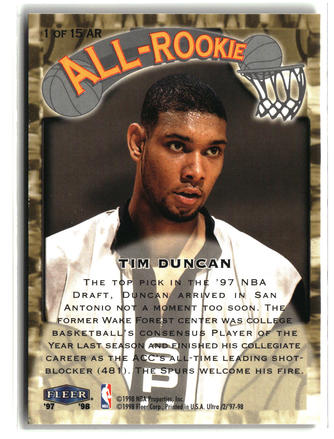 Tim Duncan 1997-98 Ultra All-Rookie #1 AR