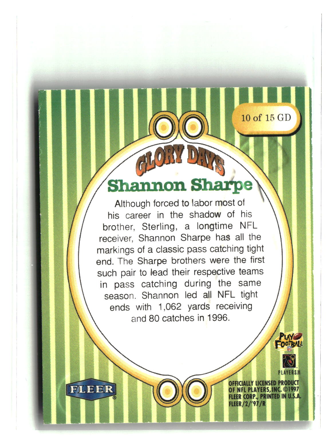 Shannon Sharpe 1997 Fleer Goudey II Glory Days #10 GD