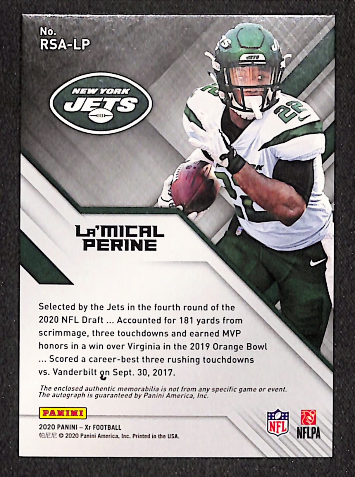 La'Mical Perine 2020 Panini XR Rookie Swatch Autographs #RSA-LP #/199