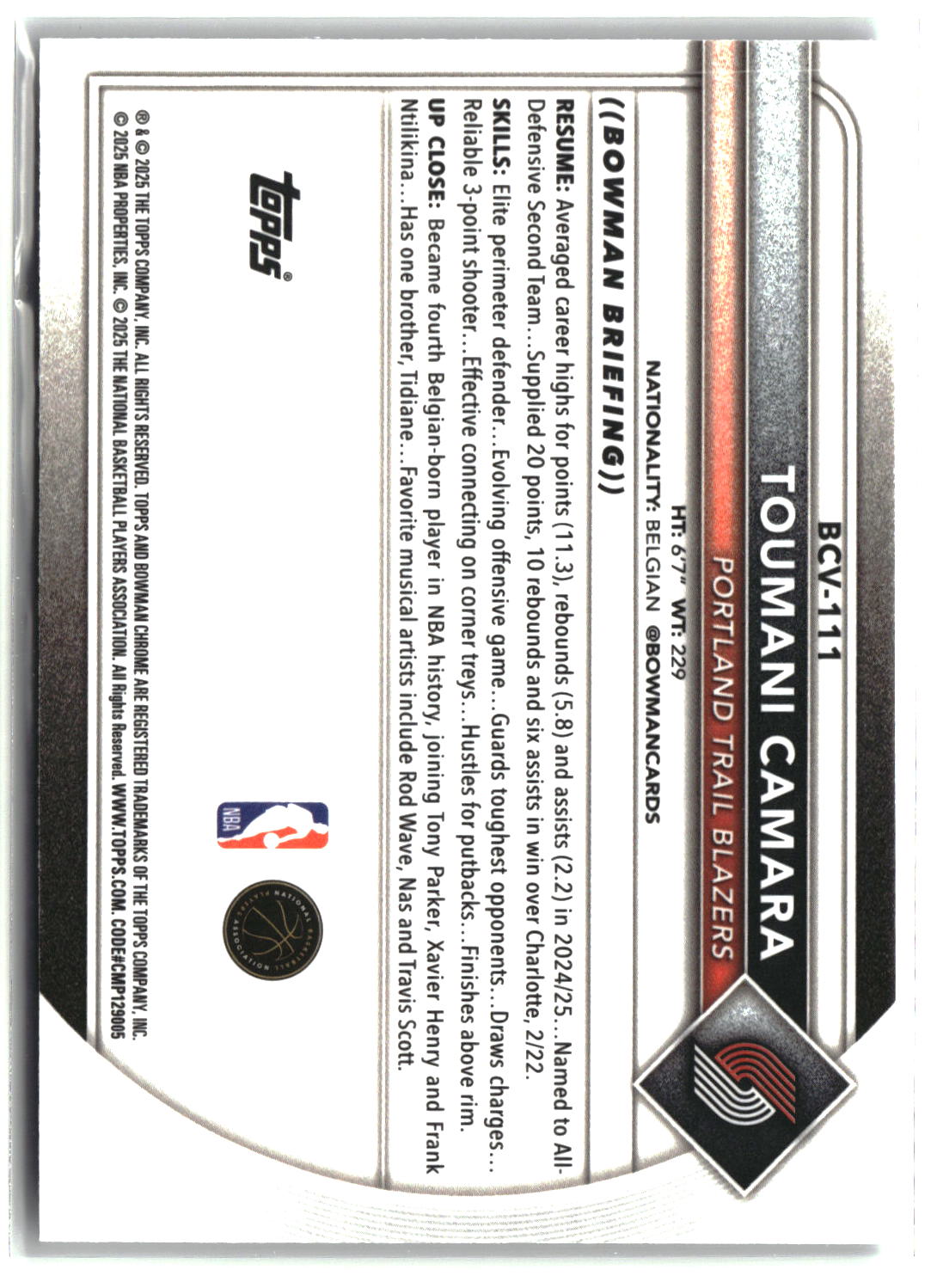Toumani Camara 2025-26 Bowman Chrome Mojo Refractors #BCV-111