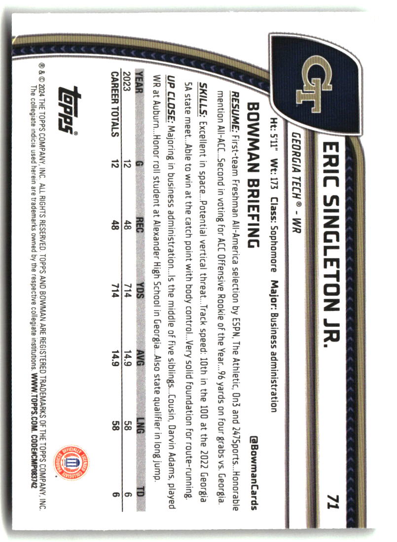Eric Singleton Jr. 2024 Bowman University Chrome #71
