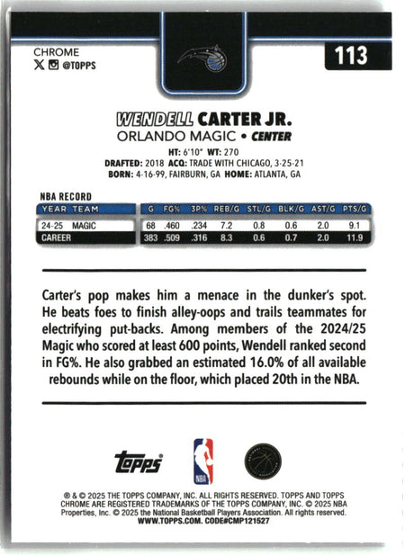 Wendell Carter Jr. 2025-26 Topps Chrome Negative Refractor #113