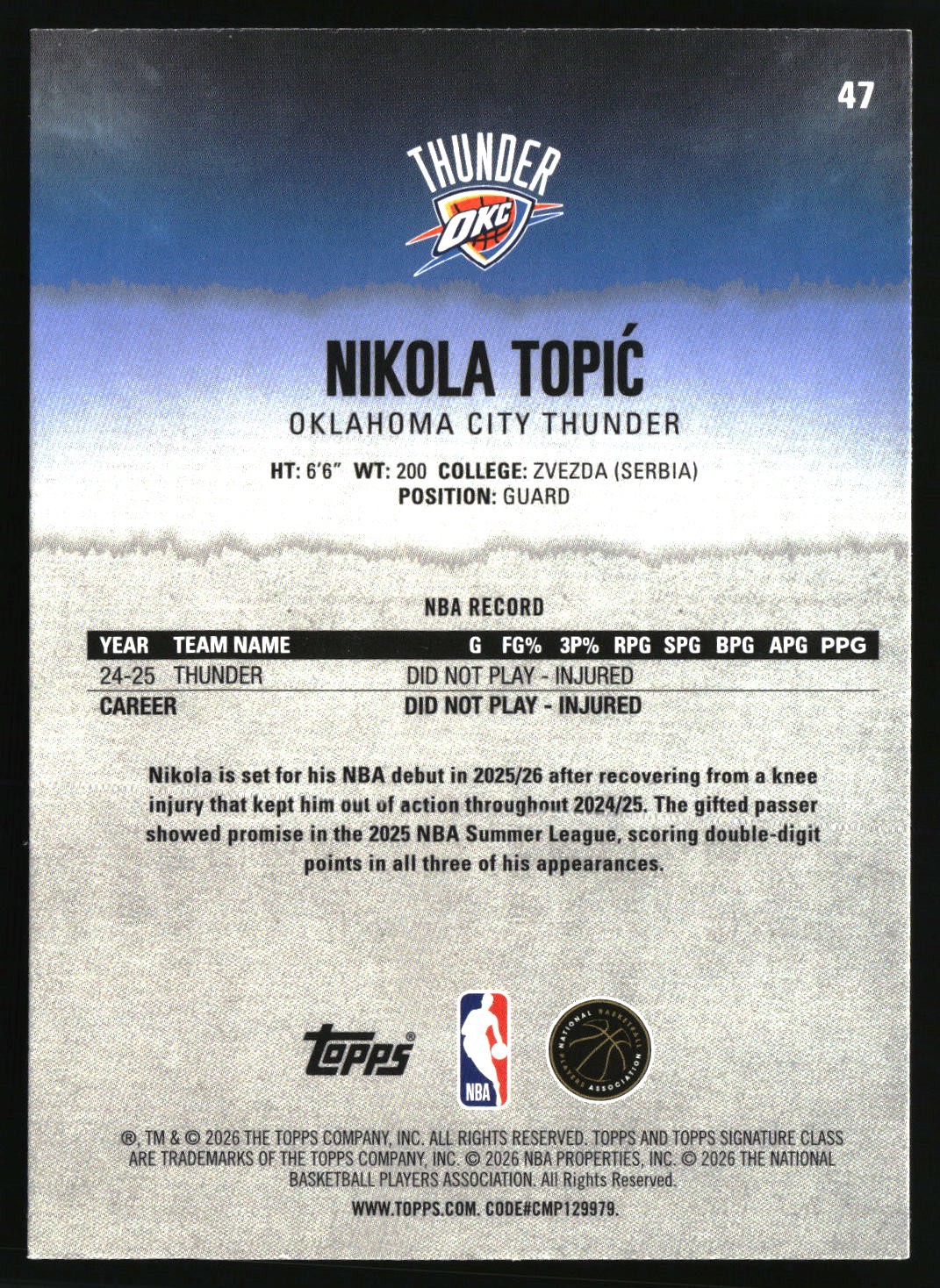 Nikola Topi? 2025-26 Topps Signature Class #47