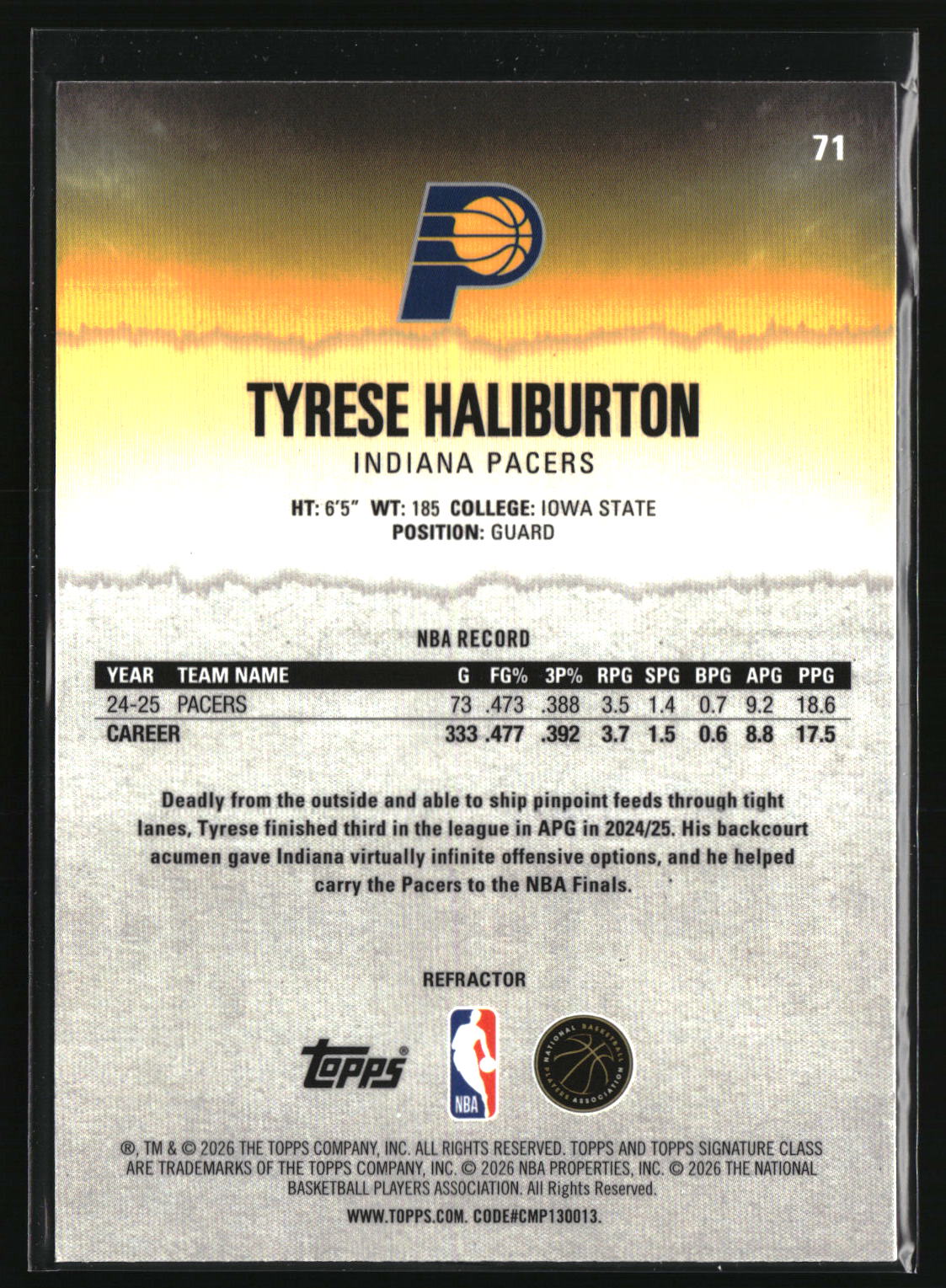 Tyrese Haliburton 2025-26 Topps Signature Class Chrome Refractors #71