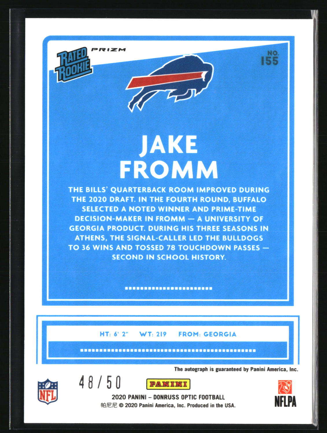 Jake Fromm 2020 Donruss Optic Rated Rookies Autographs Red #155 #/50