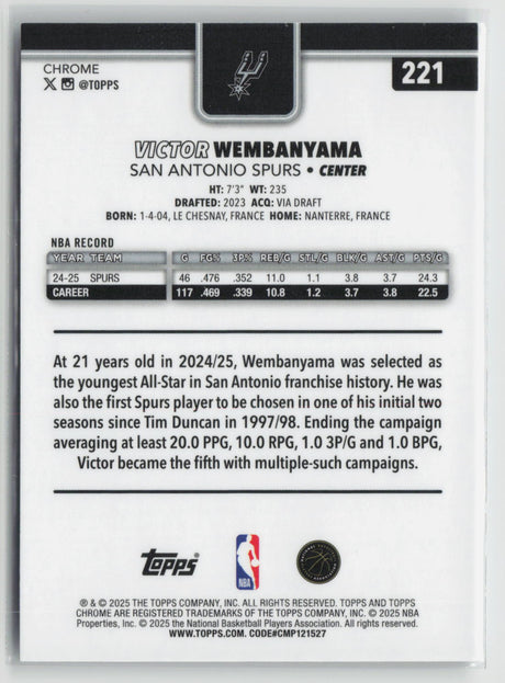Victor Wembanyama 2025-26 Topps Chrome #221