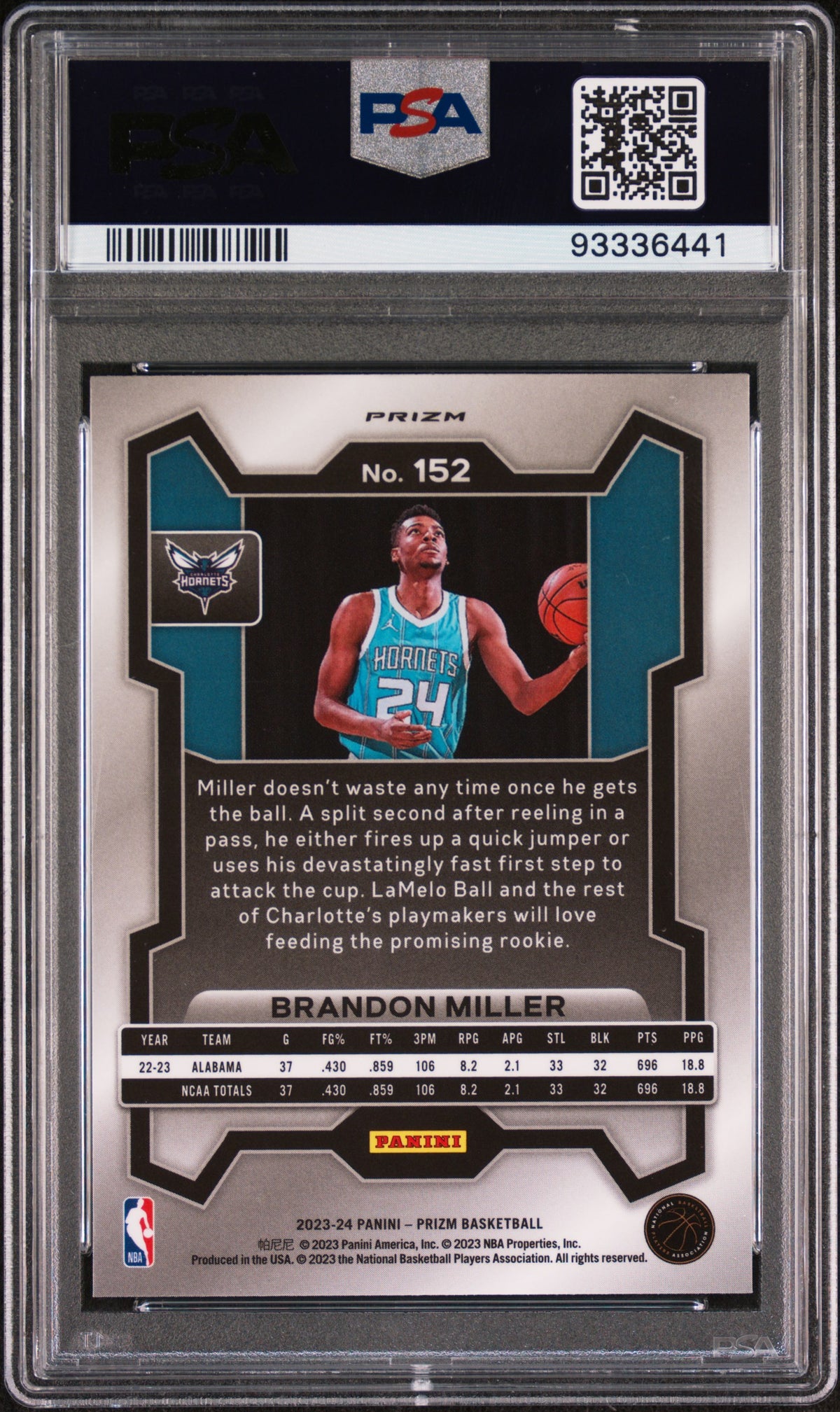 Brandon Miller 2023 Panini Prizm Silver #152 PSA 9