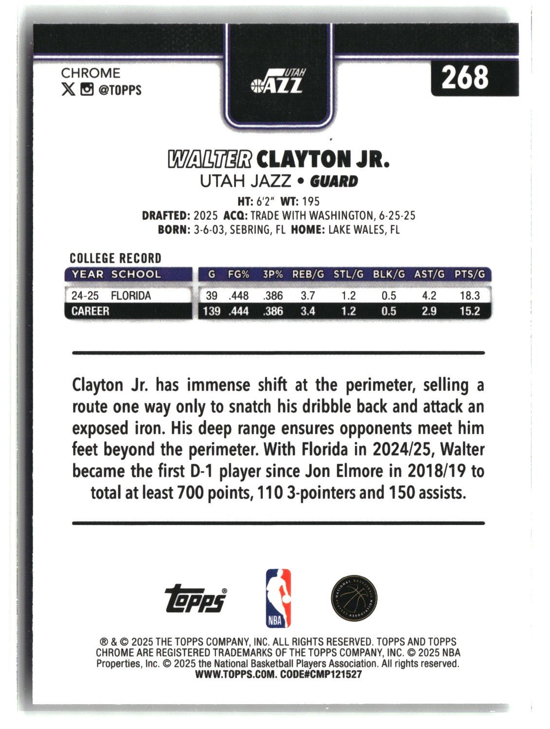 Walter Clayton Jr. 2025-26 Topps Chrome X-Fractor #268