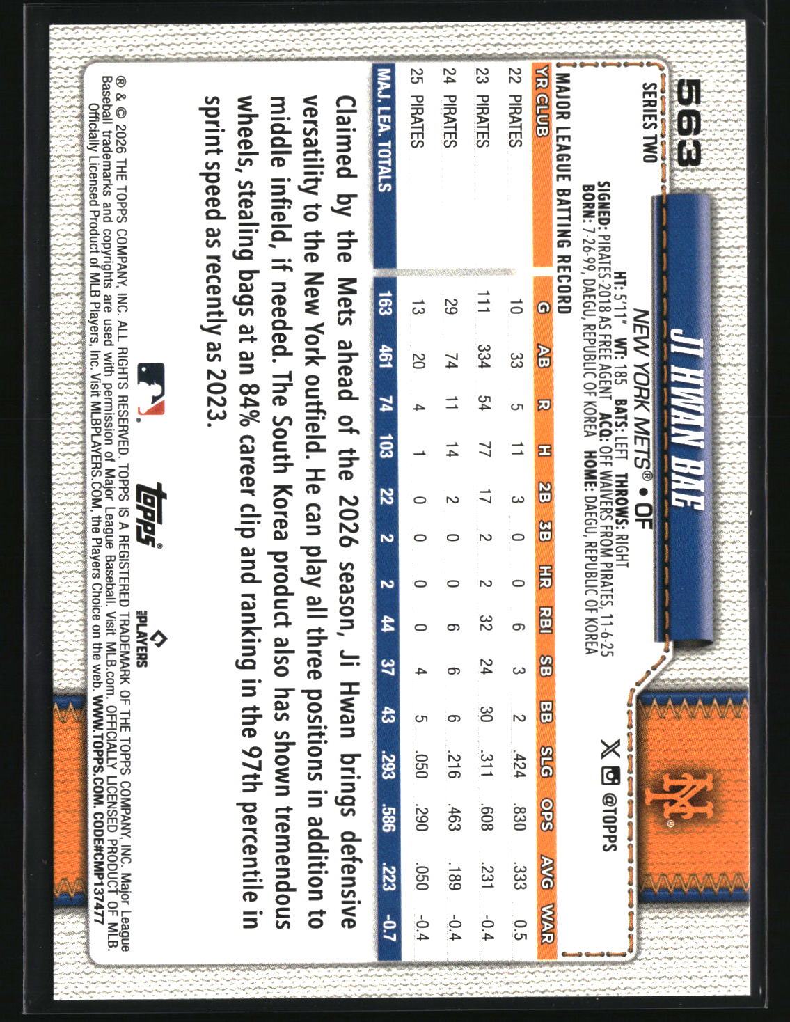 Ji Hwan Bae 2026 Topps Aqua Rainbow Foil #563