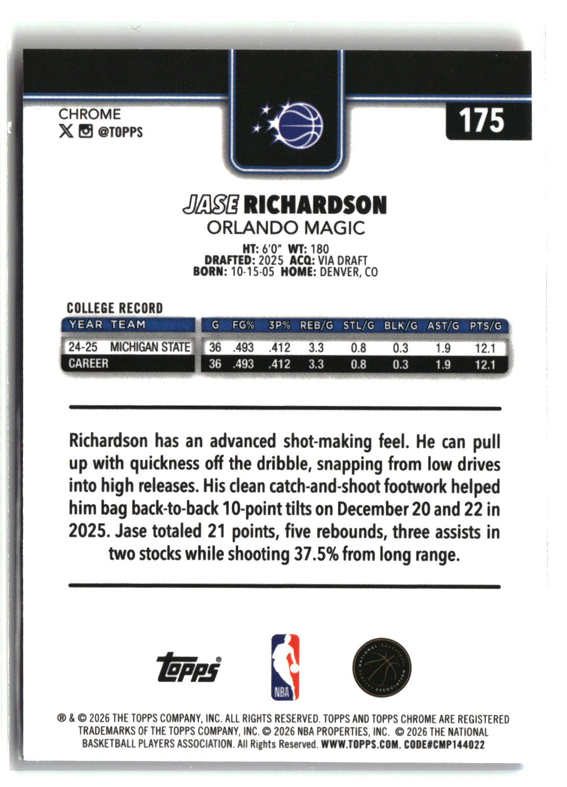Jase Richardson 2025-26 Topps Chrome Update Red White and Blue Refractor #175