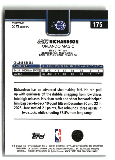Jase Richardson 2025-26 Topps Chrome Update Red White and Blue Refractor #175
