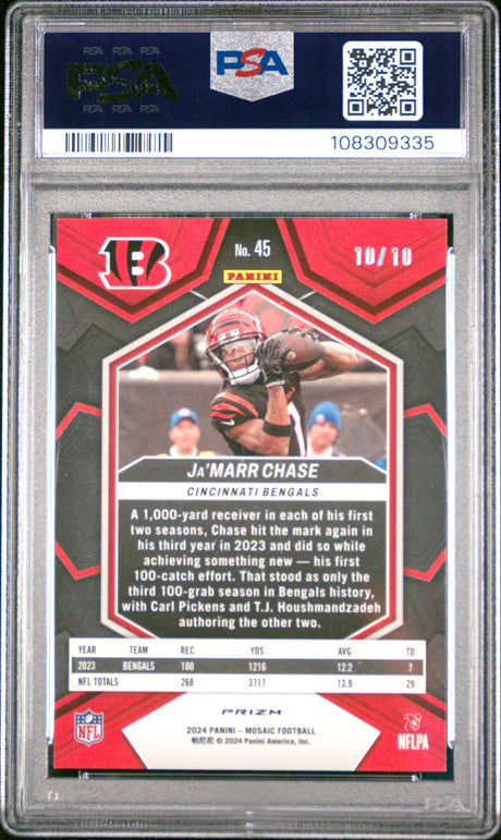 Ja'marr Chase 2024 Panini Mosaic Pink Fluorescent #45 10/10 PSA 10
