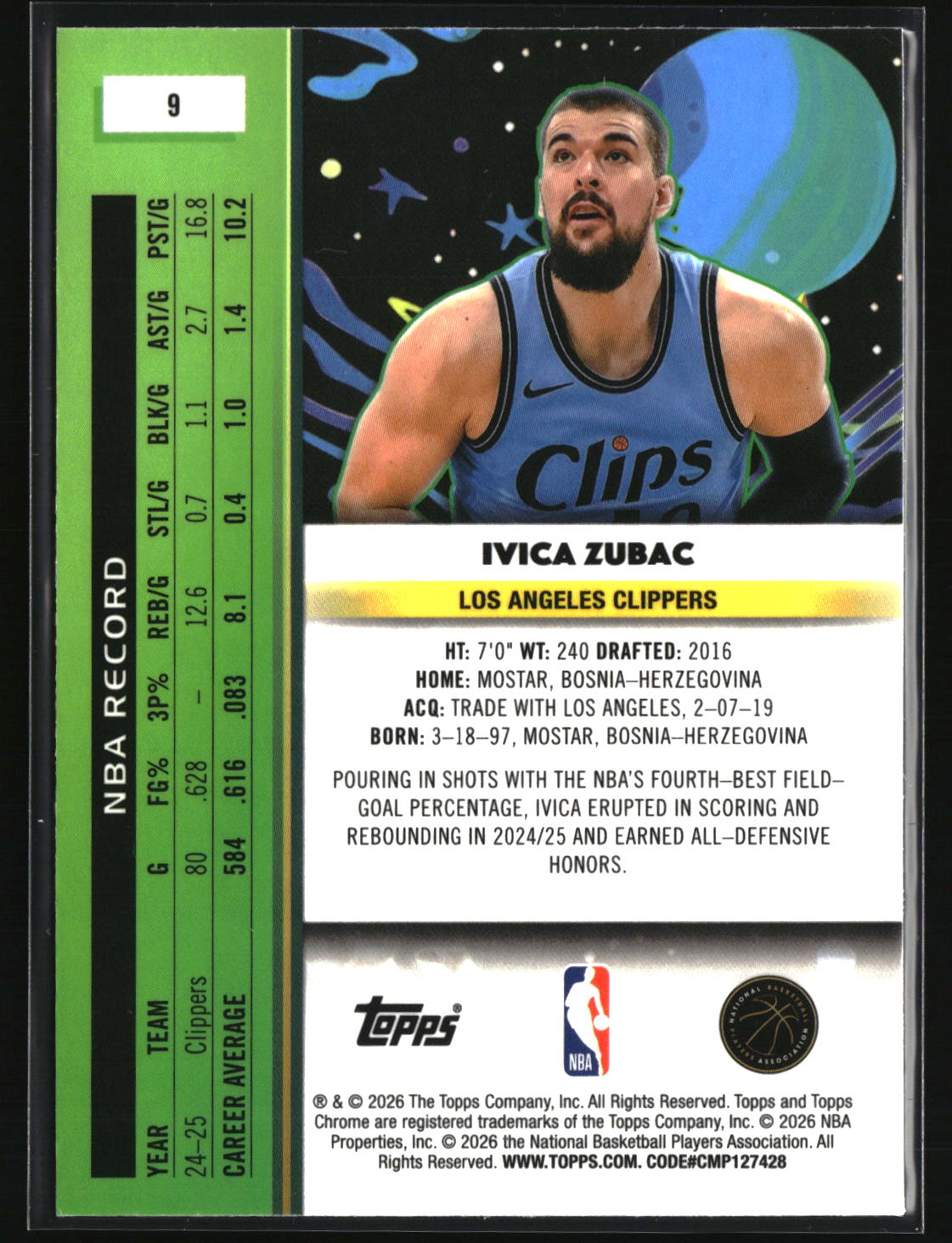Ivica Zubac 2025-26 Topps Chrome Cosmic #9