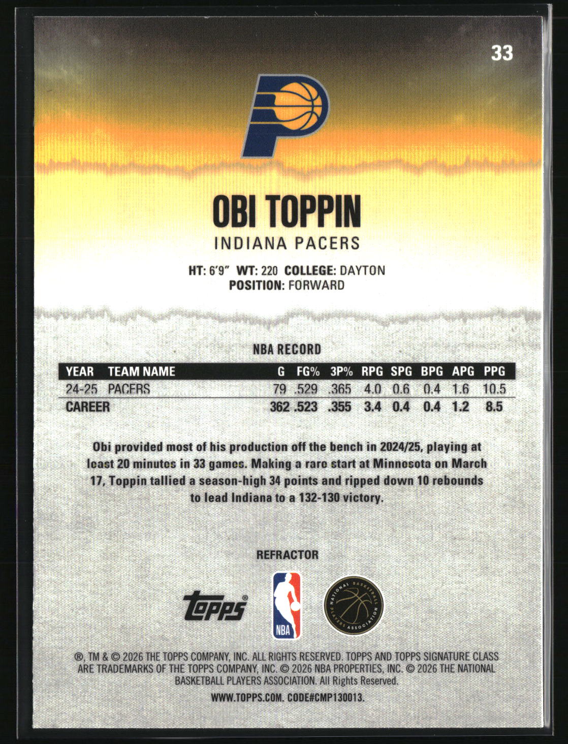 Obi Toppin 2025-26 Topps Signature Class Chrome Refractor #33