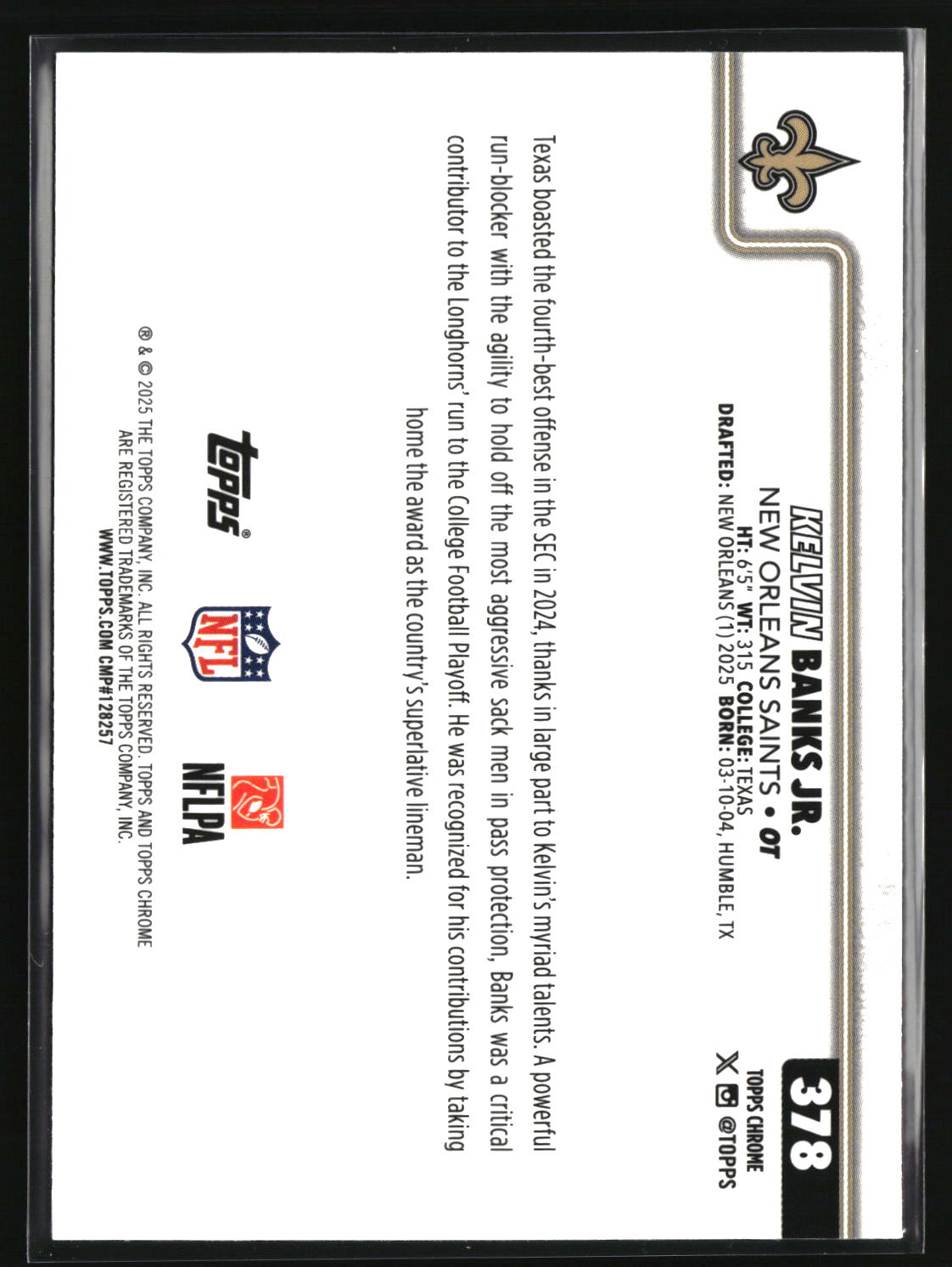 Kelvin Banks Jr. 2025 Topps Chrome #378