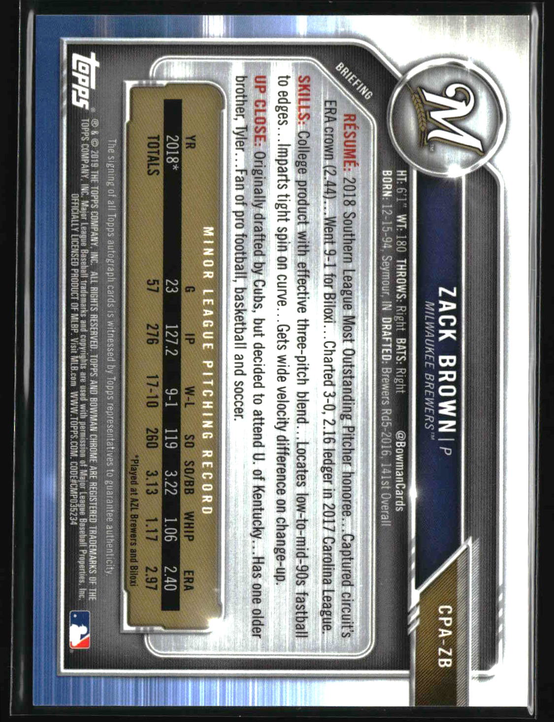 Zack Brown 2019 Bowman Chrome Prospects Autographs #CPA-ZB