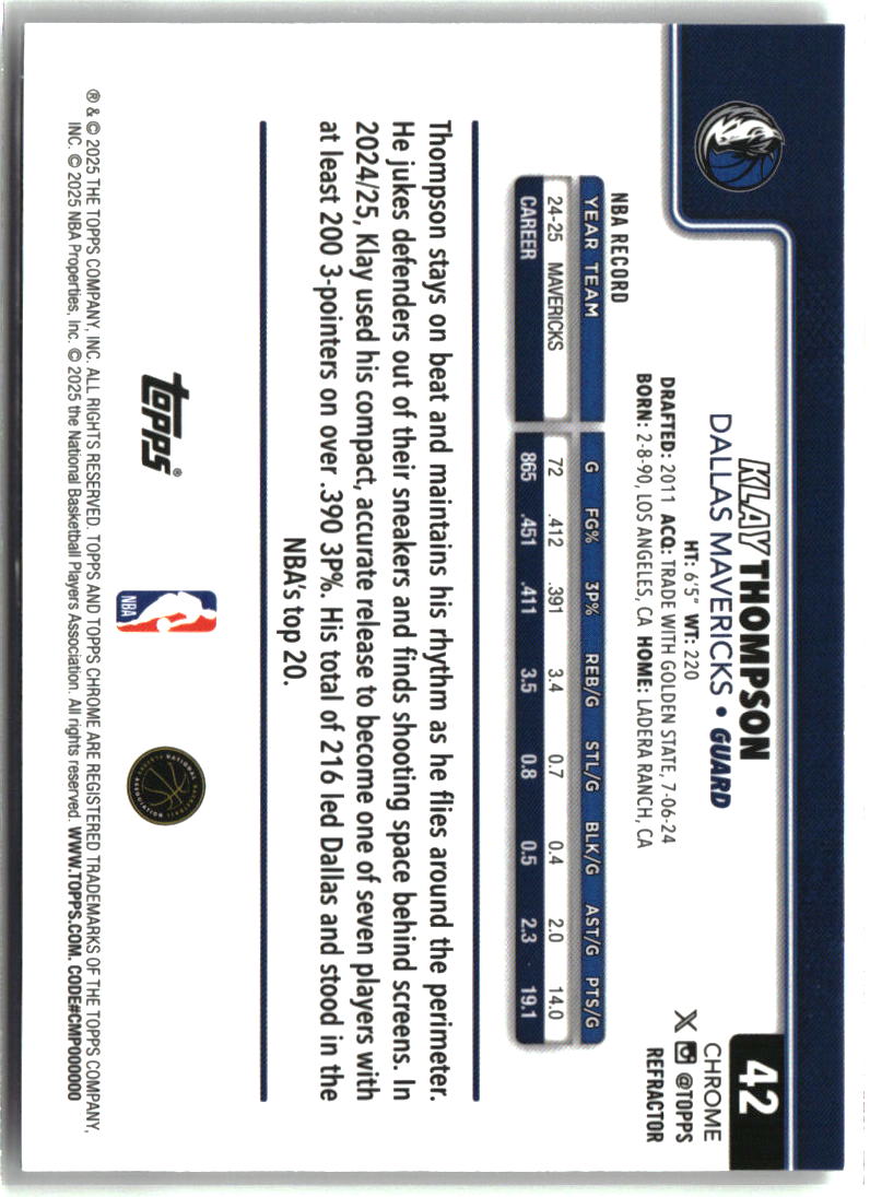 Klay Thompson 2025-26 Topps Chrome Refractor #42