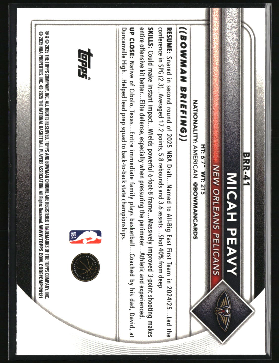 Micah Peavy 2025-26 Bowman Chrome Rookie Red RC Logo #BRR-41