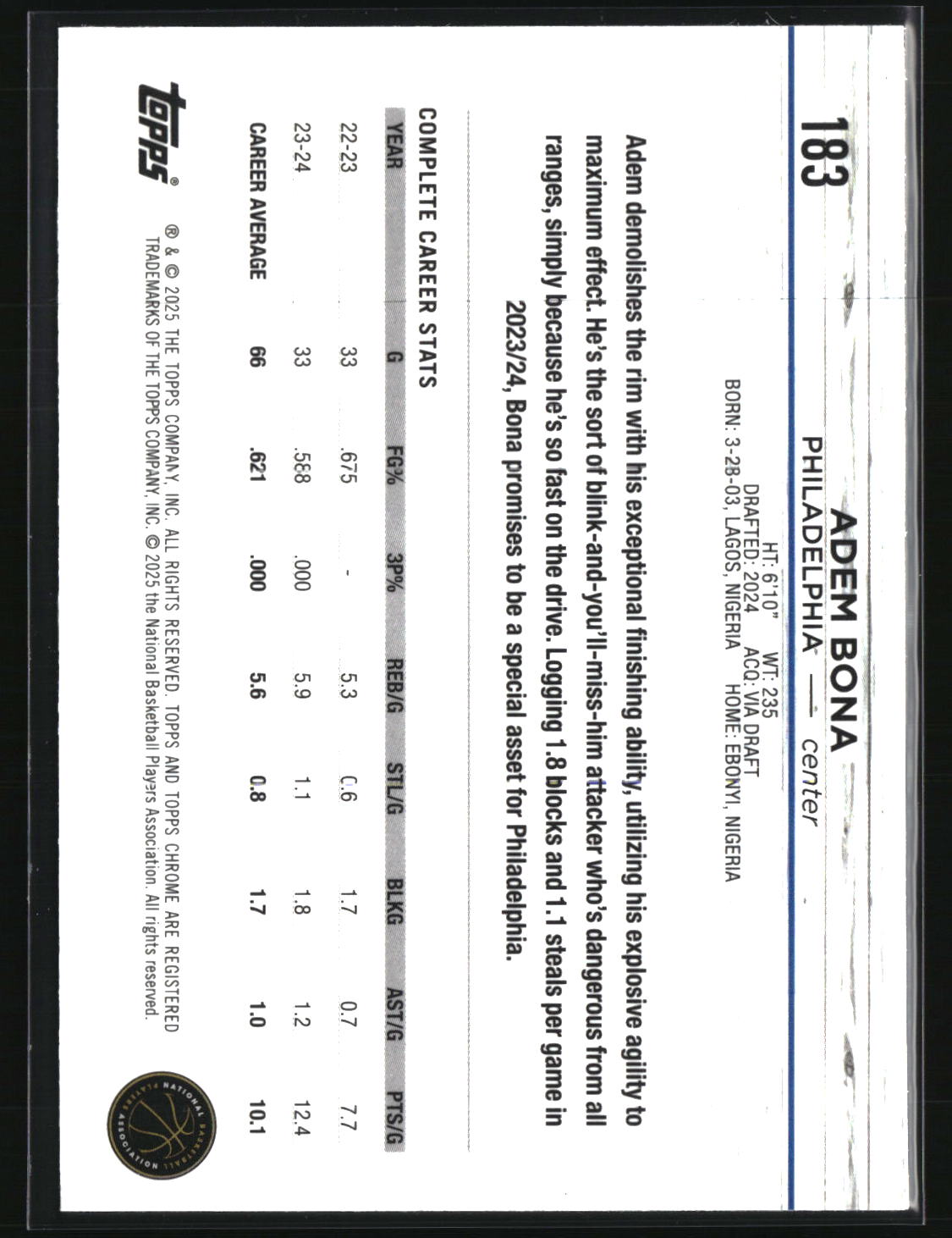 Adem Bona 2024-25 Topps Chrome #183