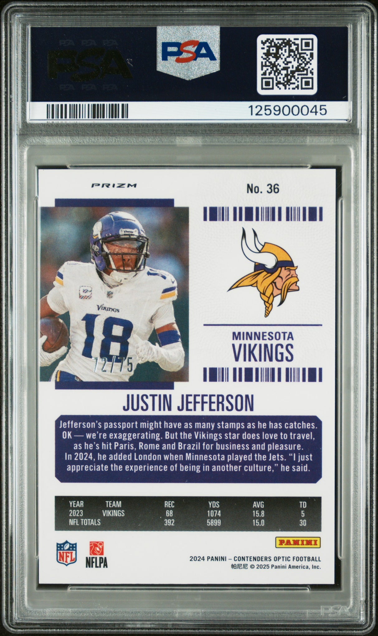 Justin Jefferson 2024 Panini Contenders Optic Orange #36 72/75 PSA 10