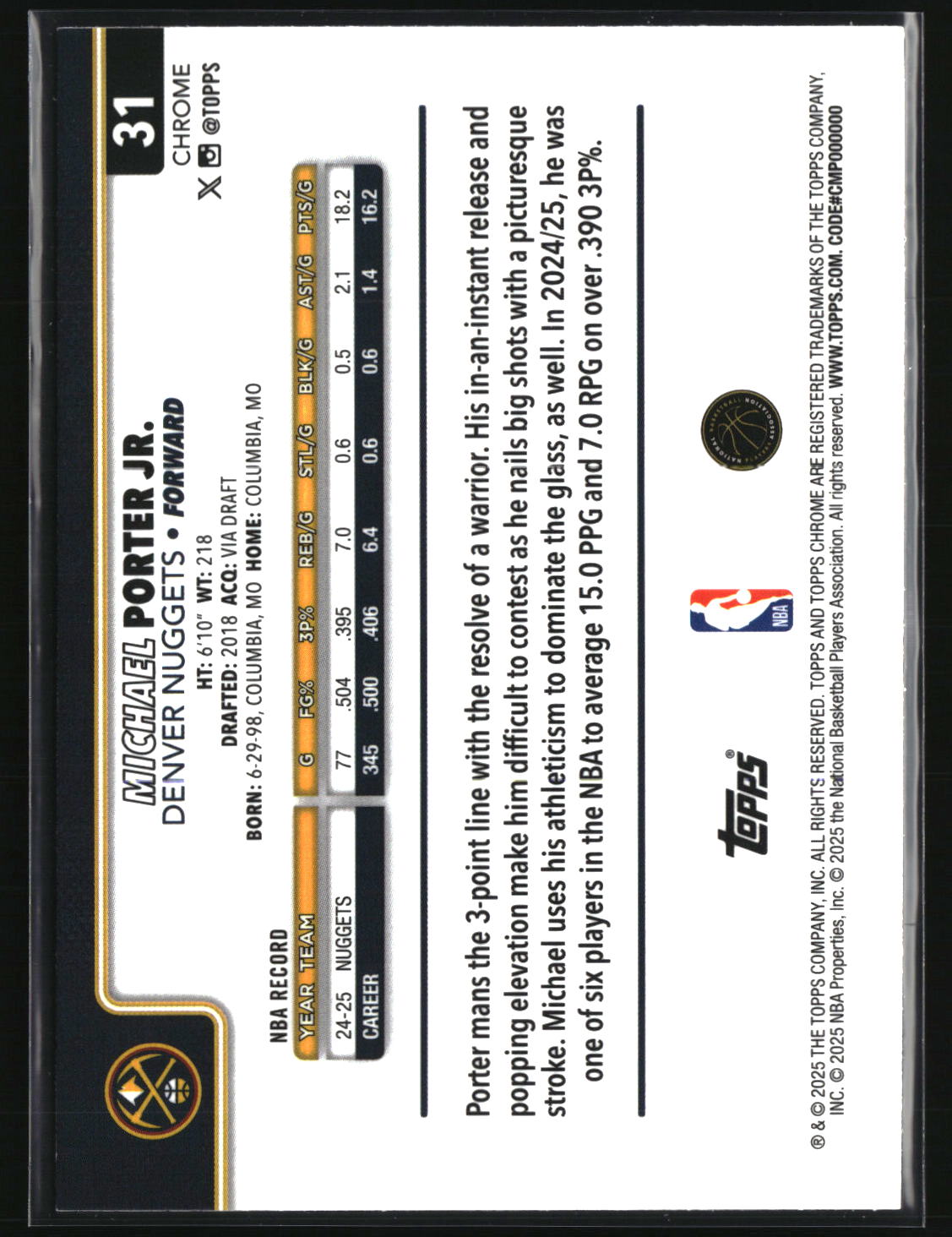Michael Porter Jr. 2025-26 Topps Chrome Refractor #31
