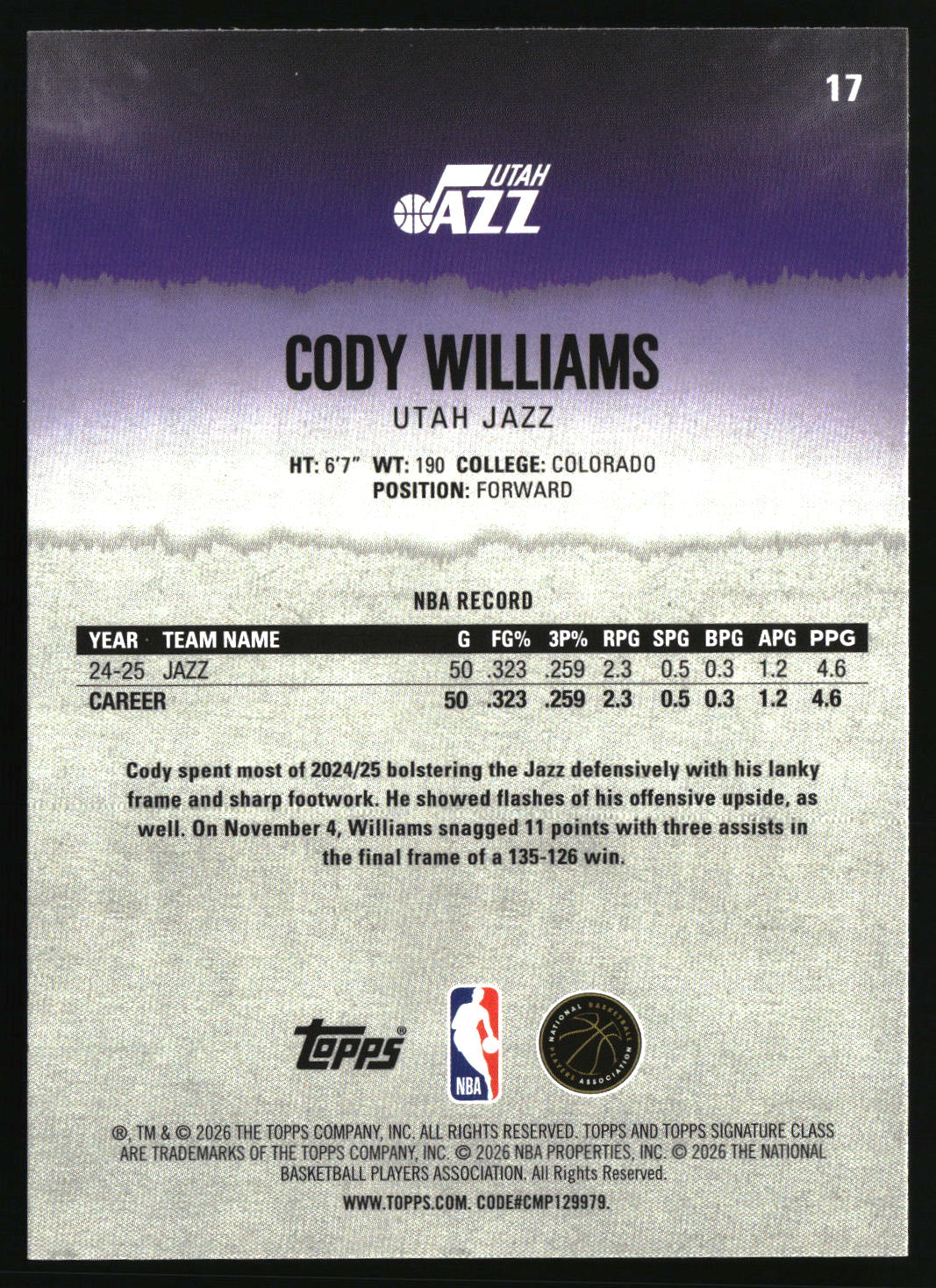 Cody Williams 2025-26 Topps Signature Class #17