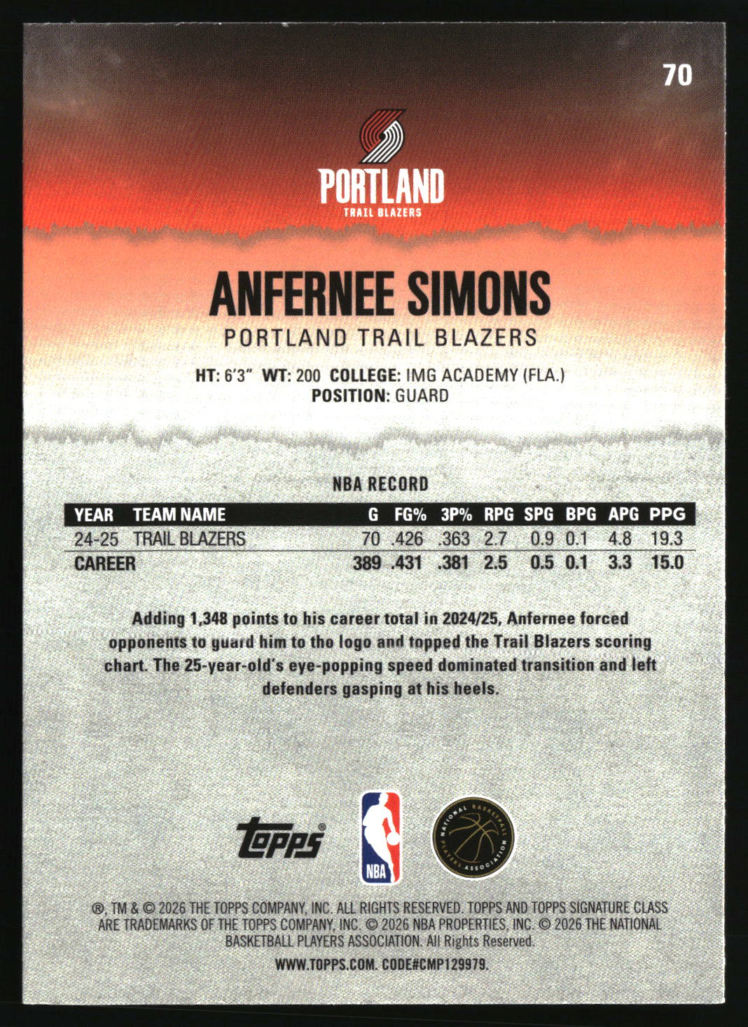 Anfernee Simons 2025-26 Topps Signature Class #70