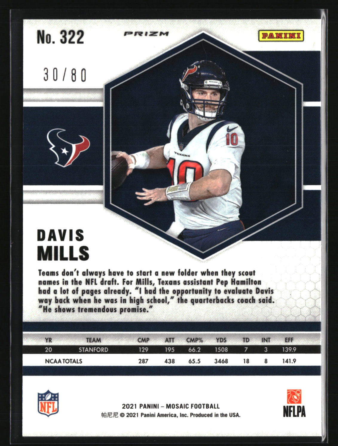 Davis Mills 2021 Panini Mosaic Choice Prizm Fusion Red and Yellow #322 #/80