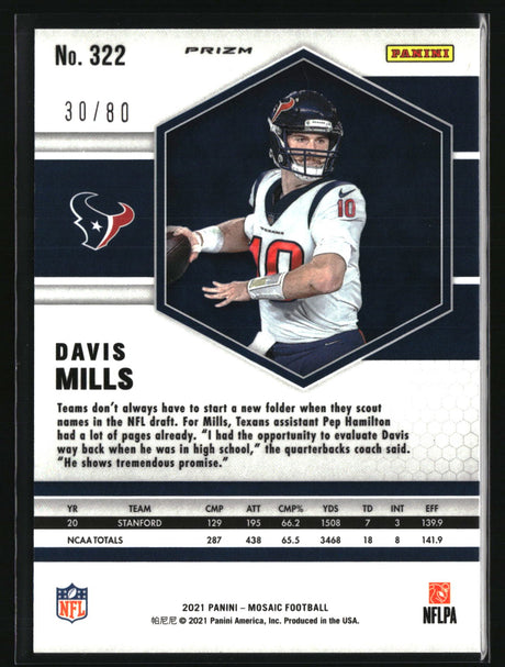 Davis Mills 2021 Panini Mosaic Choice Prizm Fusion Red and Yellow #322 #/80